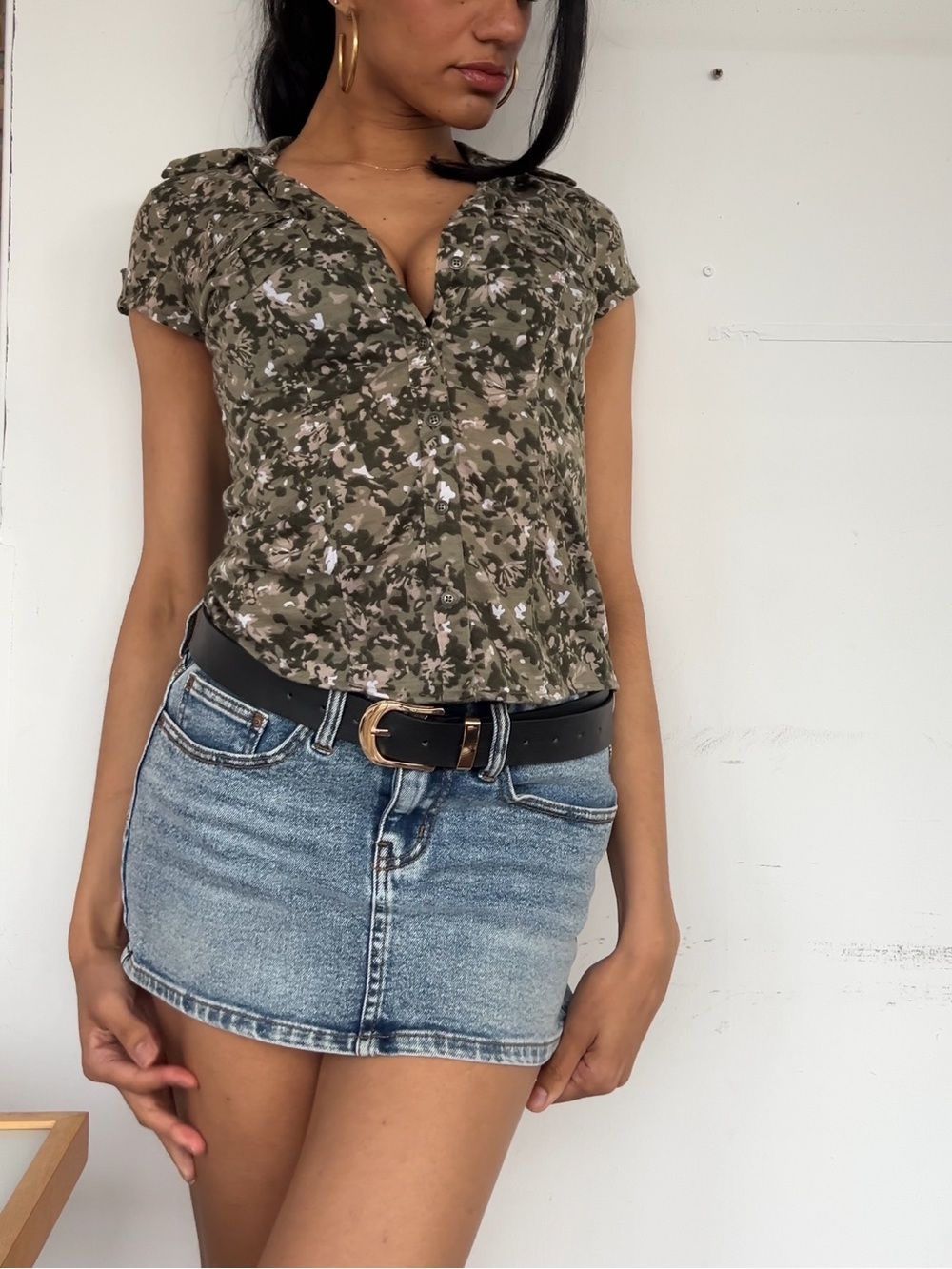 Khaki Camo Print Button-Up Top